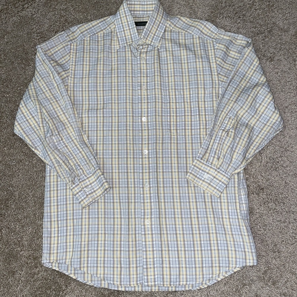 Ermenegildo Zegna Mens M Plaid Shirt Yellow Gray Cotton Long Sleeve Button Up